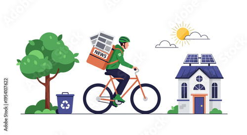 Green Delivery Service: Cyclist Delivering News to Sustainable Home with Solar Panels