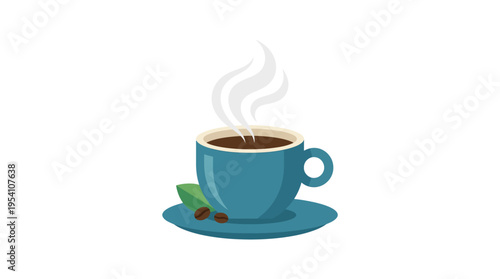 Steaming hot blue coffee cup.