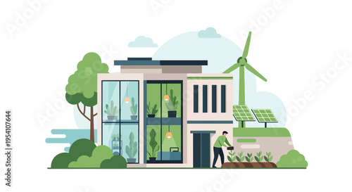 Eco-Friendly Sustainable Home with Solar Panels, Wind Turbine & Garden. Modern Green Energy and Lifestyle Concept Illustration.