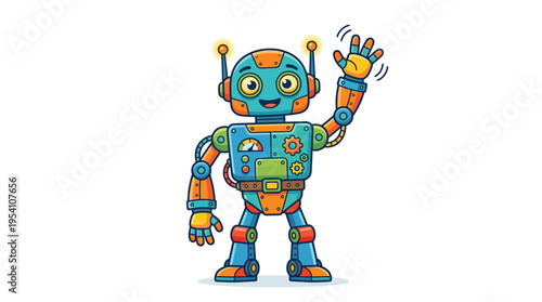 Colorful robot waving with excitement.