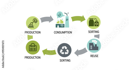 Circular Economy Cycle Diagram with Production, Consumption, Sorting, and Reuse. Sustainable Waste Management and Business Model Illustration.