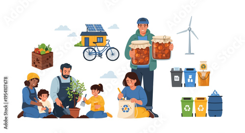 Sustainable Family Lifestyle: Eco-Friendly Living, Renewable Energy, Recycling, Composting, and Green Practices Illustration