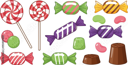 A collection of colorful assorted candies including lollipops chocolates and various sweet treats