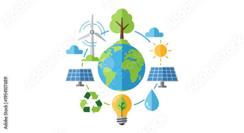 Green Earth: Renewable Energy, Eco-friendly Solutions & Sustainable Future Concept Illustration