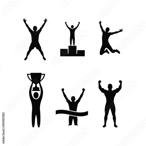 Six black silhouette figures celebrating victory and achievement in various poses 