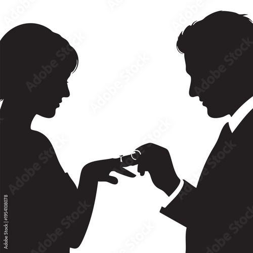 Silhouette man putting engagement ring on woman finger marriage proposal gesture declaration of love black and white vector art