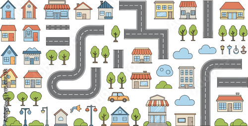 City Map Elements Collection with Roads, Houses, Trees, Buildings, and Urban Infrastructure Icons in Cartoon Style for Navigation, Planning, and Landscape Vector Design