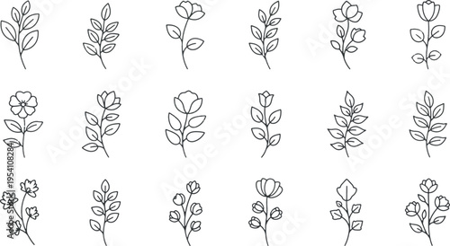 Minimalist Floral Line Art Collection - Hand Drawn Botanical Elements and Flower Icons Set for Elegant Design.