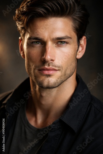 A compelling and confident studio portrait of a handsome young man with dark hair and striking green eyes.