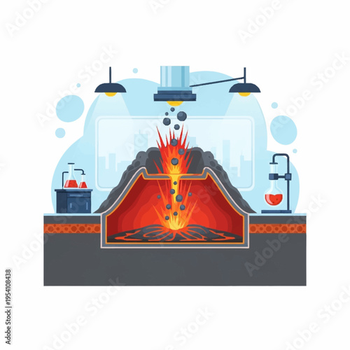 Volcano model experiment in a science laboratory, simulating geological processes and eruptions, for educational or research purposes, vector illustration.