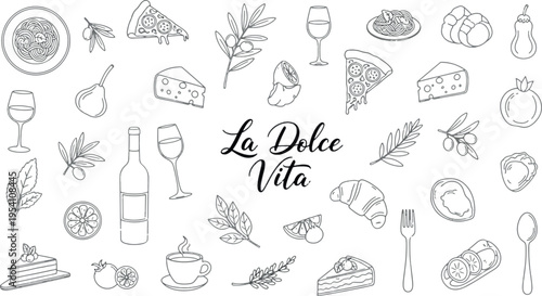 La Dolce Vita Italian Food Line Art Collection with Pizza Pasta Wine and Dessert Icons