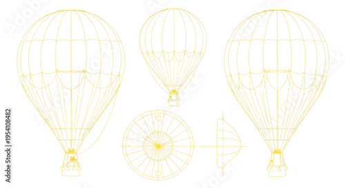 Hot Air Balloon Blueprint Vector – Aerostat Flight Vehicle Multiview Technical Yellow Outline Drawing