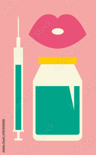 Green hyaluronic acid in syringe with lips, cosmetic injection concept