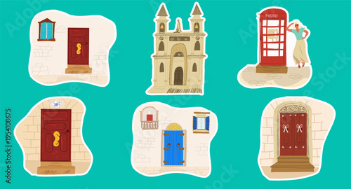 Set of Malta landmarks stickers, collection, patch, symbol, pin, badge, symbols, famous places. Hand drawn vector illustration.