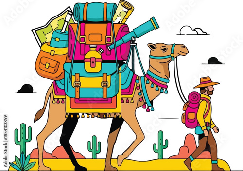 An illustration of a desert explorer walking alongside a camel loaded with heavy travel equipment