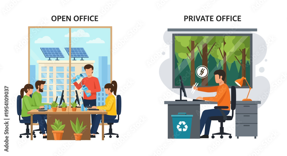 Naklejka premium Open Office vs. Private Office Comparison: Modern Workspaces, Collaboration, Privacy, and Sustainable Practices