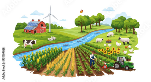 Sustainable Farm Landscape Illustration with Green Energy, Diverse Crops, and Happy Livestock