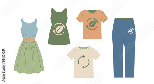 Sustainable Fashion Clothing and Eco-Friendly Apparel with Recycling Symbols. Green Living and Ethical Clothing Concept for Textile Industry.