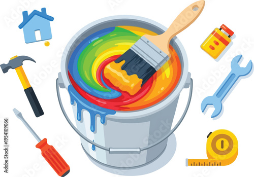 A vibrant rainbow paint bucket surrounded by various home renovation and construction tool icons