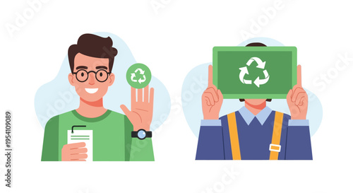 Two Characters Promoting Recycling & Sustainability. Eco-Friendly People with Green Symbols for Environmental Protection and Conscious Living.