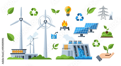 Renewable Energy and Sustainability Flat Icons Set: Green Technology, Environmental Protection, and Eco-Friendly Power Generation