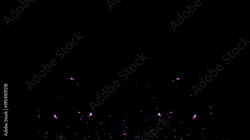 Purple Cherry Petals and Star Confetti Burst, Magical Symmetrical Particle Explosion with Glowing Glitters on Black Background, Anime Style Sakura Blossom VFX Overlay, Cinematic Celebration Motion Loo