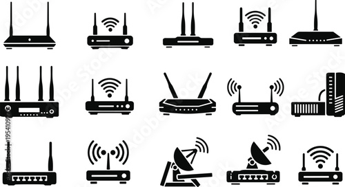 Wireless Wifi Router Icon Set Featuring Modem Hardware Network Signal Satellite Dish and Internet Connectivity Symbols for Technology and Communication Design