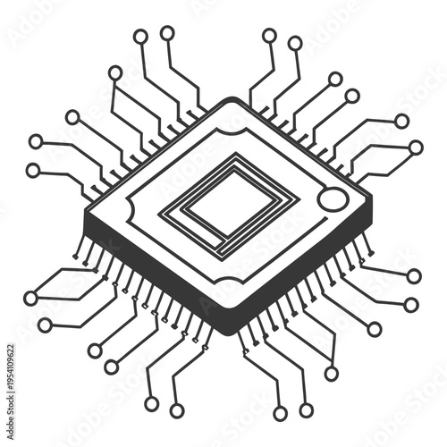 A black and white vector illustration of a computer microchip with circuit lines and connections