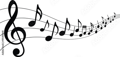 Musical notes and treble clef flowing on a wavy staff isolated on white background, music composition and harmony art concept