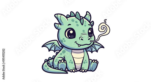 Cute green cartoon dragon sitting down.