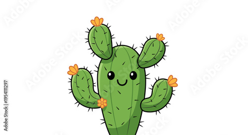 Smiling cartoon cactus with flowers.
