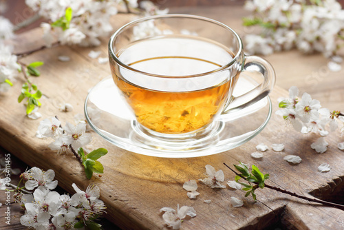 Blooming spring tree herbal blossom tea in a glass cup with flowers on wooden rustic background, closeup, spring floral drink, natural medicine and naturopathy concept