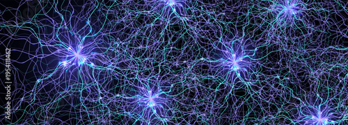 Neural network connections background with glowing blue lines on dark. Futuristic AI data flow design for tech, science, medical banners. Neural connections backgrounds. Vector illustration