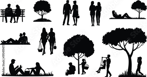 Collection of park silhouettes with people relaxing under trees, sitting on benches, having picnics, and children playing in nature