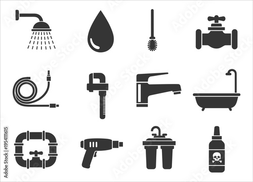 A collection of black bathroom fixture and plumbing icons in a minimalist style on transparent background silhouette high quality professional detailed
