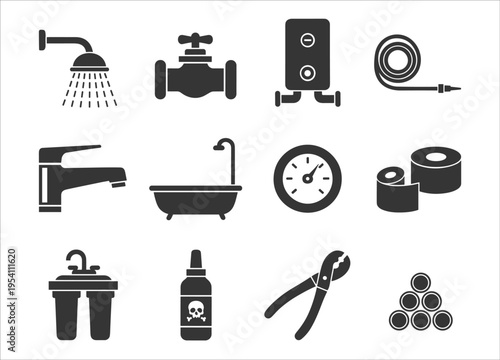 A collection of black plumbing fixtures and tools depicted in a minimalist silhouette on transparent background high quality professional detailed modern