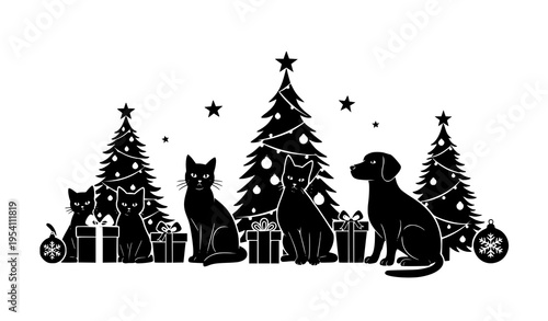 Holiday Pet Silhouette Collection Cats Dogs Christmas Tree Vector Illustration