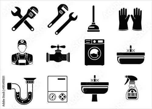 A collection of black silhouette icons depicting plumbing appliance repair and tools on transparent background high quality professional detailed modern elegant