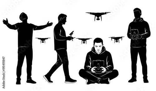 People Flying Drones Silhouette Set Remote Controller Drone Operator Vector Illustration