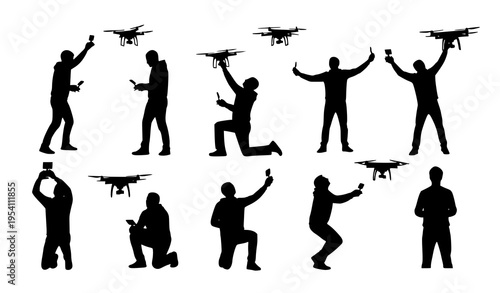 Drone Pilot Silhouettes Collection Flying UAV Remote Control People Vector Set