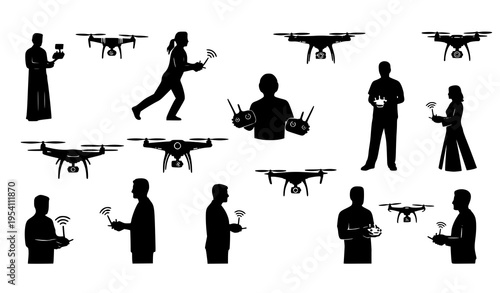 Drone Operators Silhouette Icons People Controlling Flying Drones Vector Illustration Set