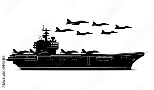 Military Aircraft Carrier Silhouette with Fighter Jets Flying Formation Vector Icon Set