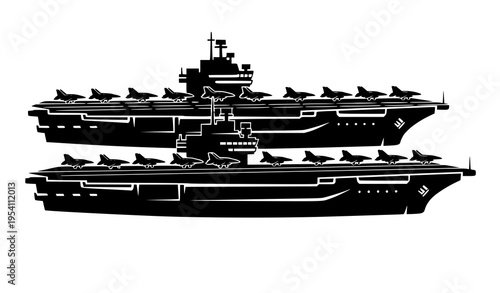Two Aircraft Carrier Silhouettes with Fighter Jets on Deck Military Navy Vector Illustration