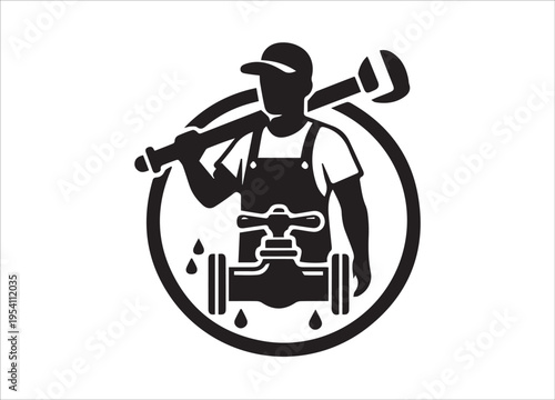 A black silhouette of a plumber holding a wrench surrounded by plumbing fixtures on transparent background high quality professional detailed modern