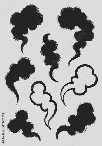 A collection of grunge-textured brushstroke elements representing smoke, steam, or clouds in various abstract shapes, perfect for comic book art or graphic design projects