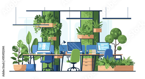 Modern Green Office Workspace with Biophilic Design. Eco-Friendly Open-Plan Environment Featuring Indoor Plants for Sustainable and Healthy Work.
