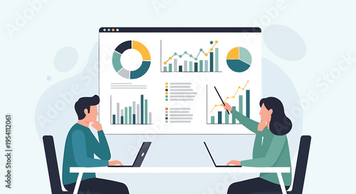 Vector illustration of two business people analyzing data on laptops and presentation screen