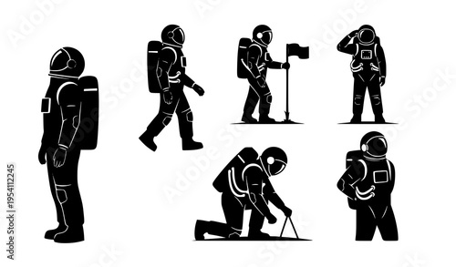 Astronaut Silhouettes Set with Flag Space Exploration Vector Illustration