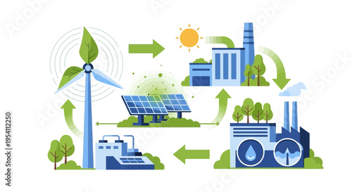 Sustainable Renewable Energy & Circular Economy Cycle. Green Industry, Eco-Friendly Production & Environmental Resource Management Diagram.