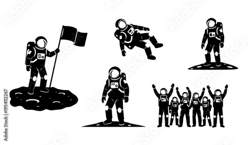 Black Astronaut Silhouette Icons Planting Flag Space Mission Vector Set